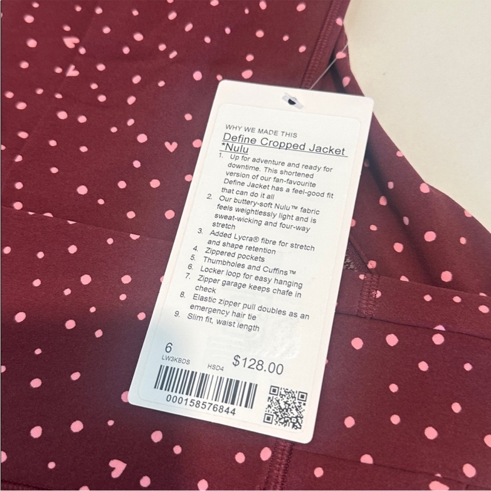 NWT Lululemon Cropped Define Jacket Heart Scatter Burgundy Bay | Size: 6 - Picture 2 of 4